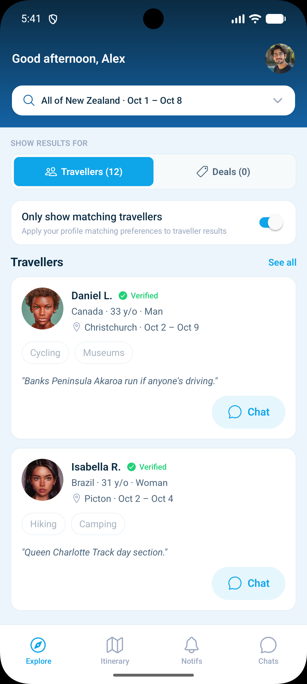 The Waybound Explore screen listing verified travellers in Christchurch and Picton